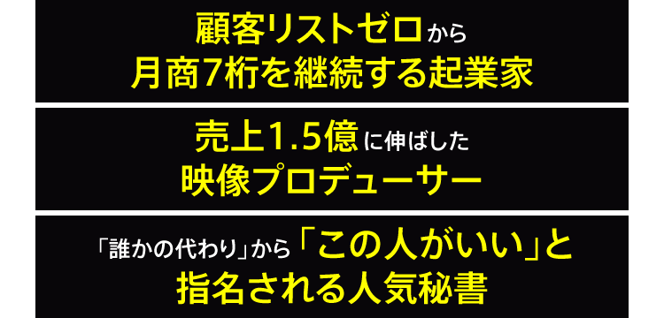顧客リストゼロから月商7桁を継続する起業家　売上1.5億に伸ばした映像プロデューサー　「誰かの代わり」から「この人がいい」と指名される人気秘書